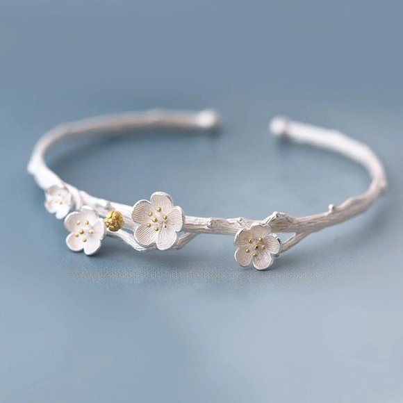 NEW 925 Sterling Silver Flower Cuff Bangle - Picture 5 of 5
